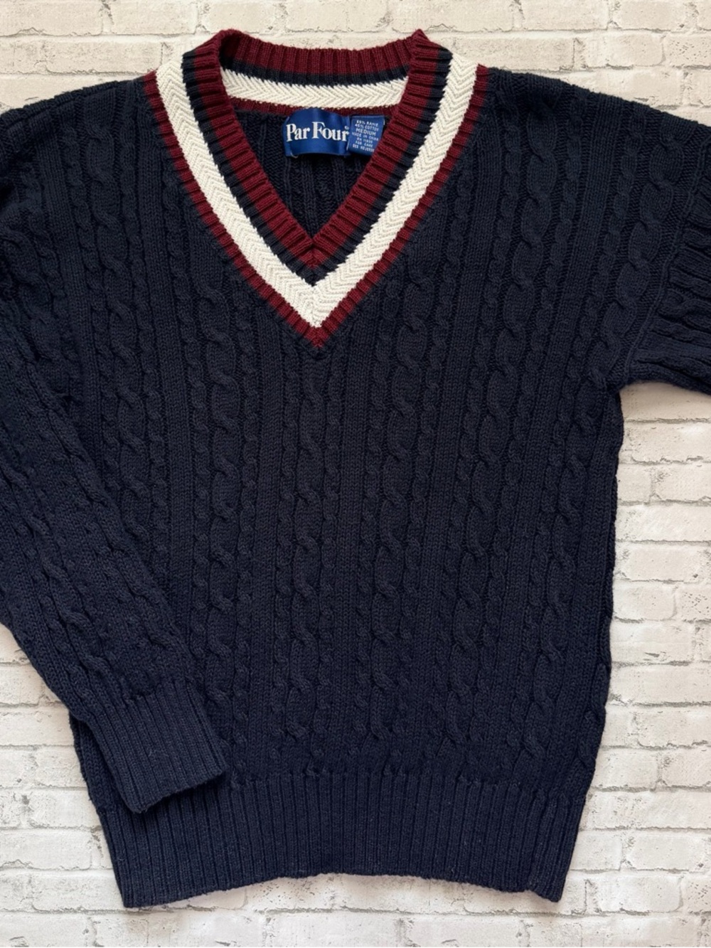 Par Four Navy V-Neck Cable Knit Sweater with Maroon & Cream Trim